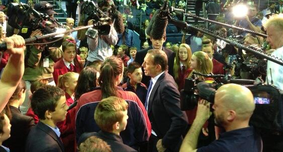 Tony Abbott mobbed by students at Penrith Christian School (Sarah Blake, Twitter).
