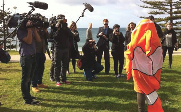 The clownfish speaks to the media at Torquay during Kevin Rudd's recent visit. Credit: Phillipa Wright